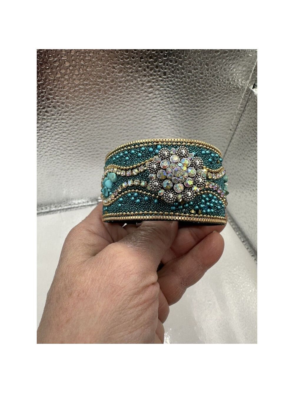 Turquoise & Gold Boho Cuff Bracelet w/ Sparkling Round 18mm Ginger Snap! NWT